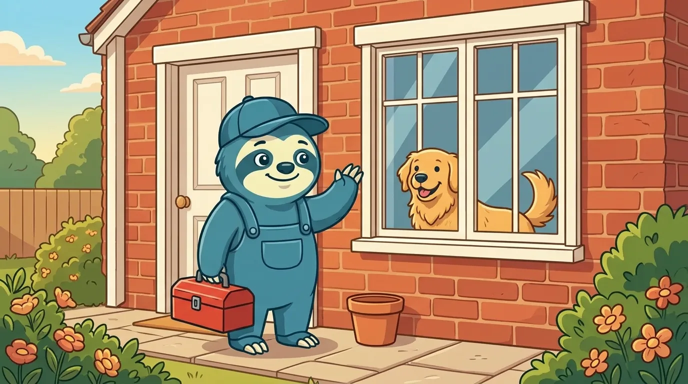 A technician at a client's front door with a toolbox while the family dog watches safely from inside the window