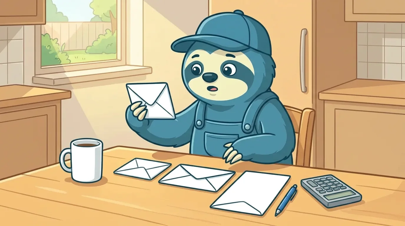 A contractor at a kitchen table comparing three envelopes of different sizes with a coffee and calculator