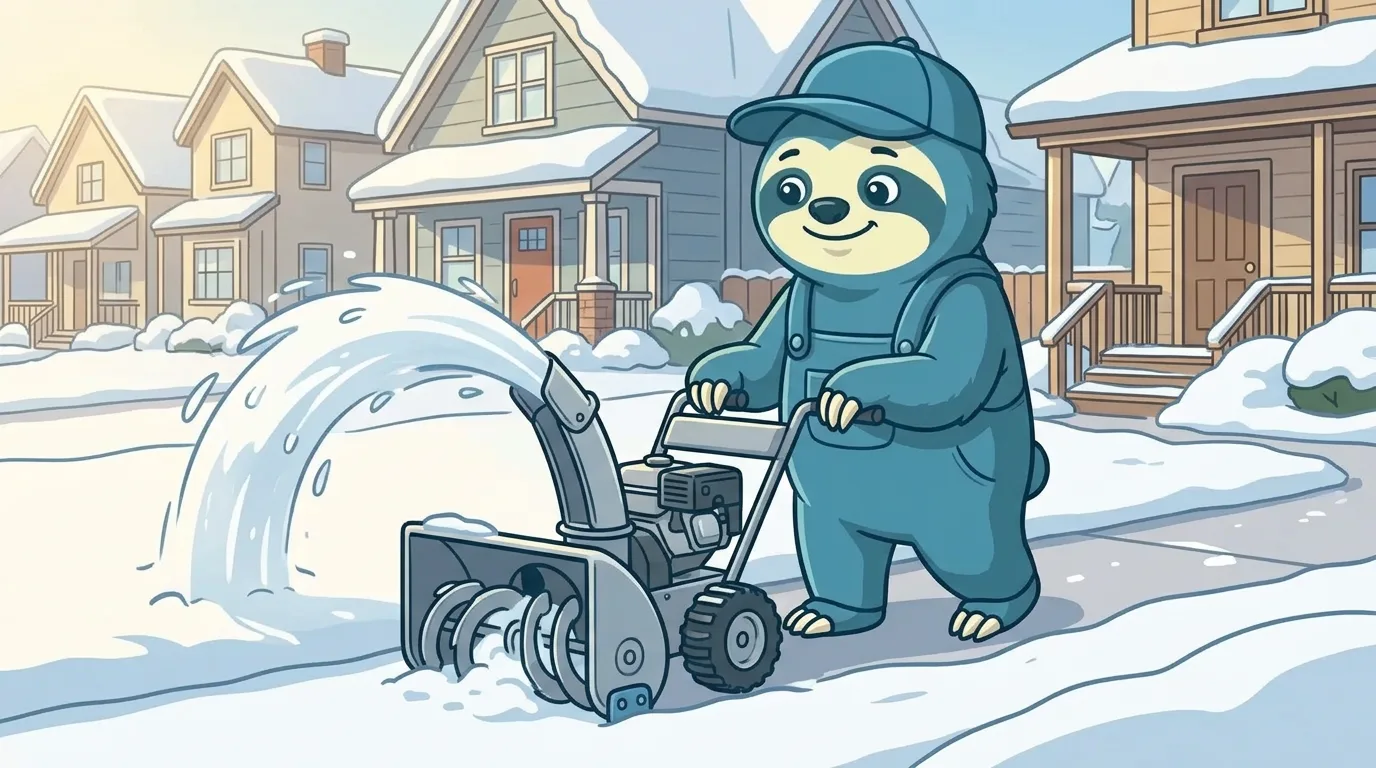A service business owner running a snow blower on a snowy suburban street in winter