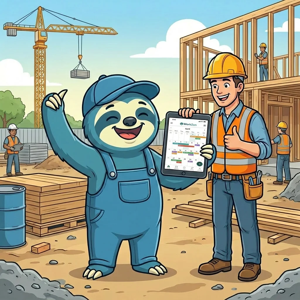 Zenny the sloth on a construction site giving a thumbs-up next to a contractor holding a tablet with the WorkZen schedule