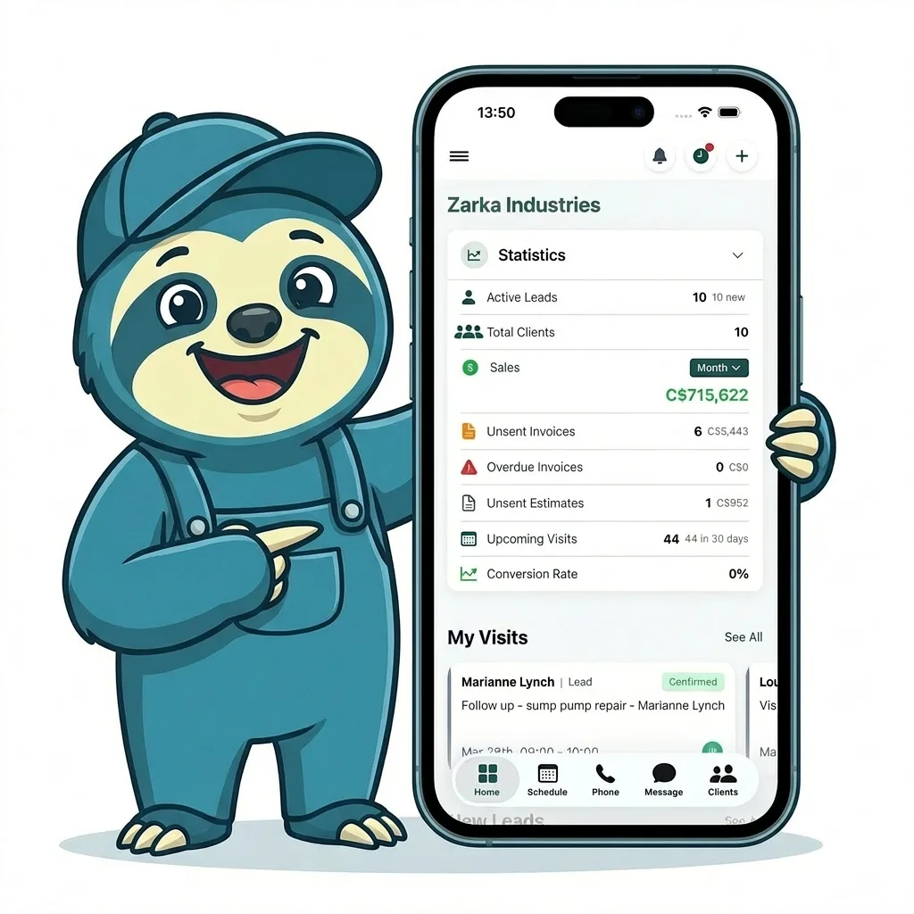 Zenny holding a phone showing the WorkZen dashboard: leads, clients, sales, invoices and visits